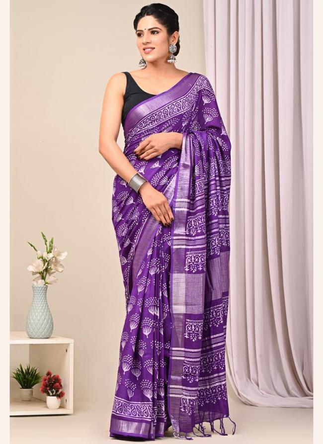 Linen Purple Casual Wear Printed Saree